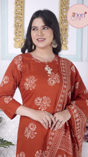 Women's Rust Orange Cotton 3-Piece Kurta Set White Floral Batik Print (E5)