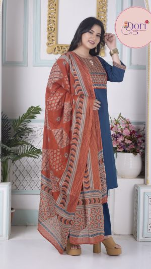 Blue Cotton Kurta Set with Ajrakh Print Dupatta (E4)